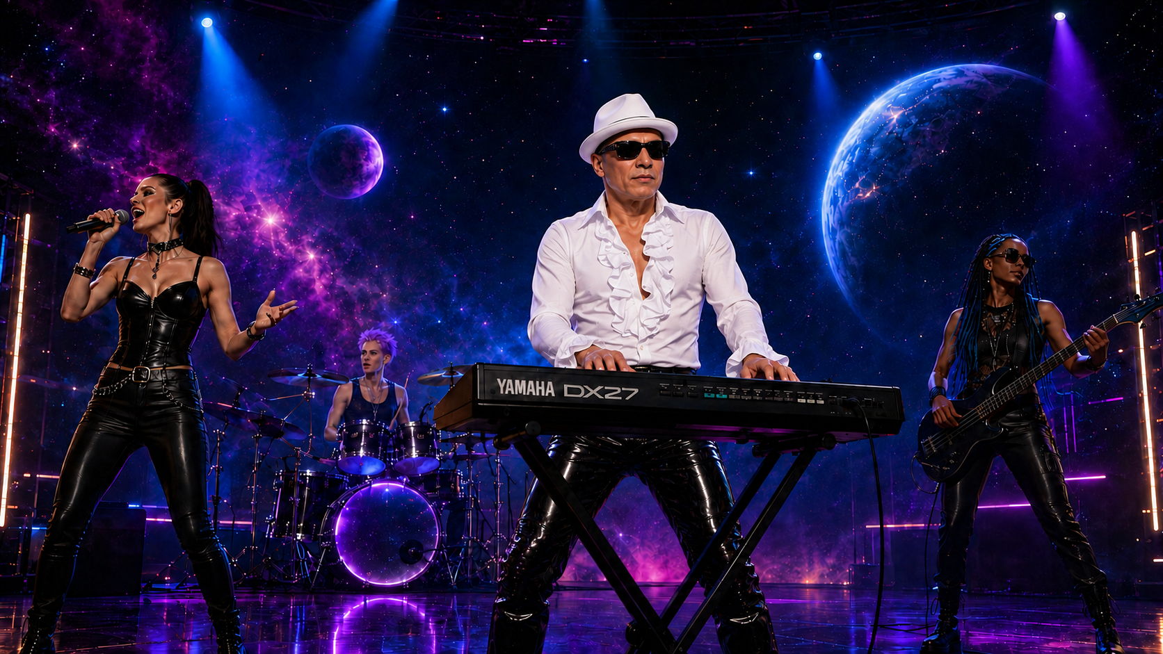 Universe 51 artist playing a Yamaha DX27 with his cosmic band