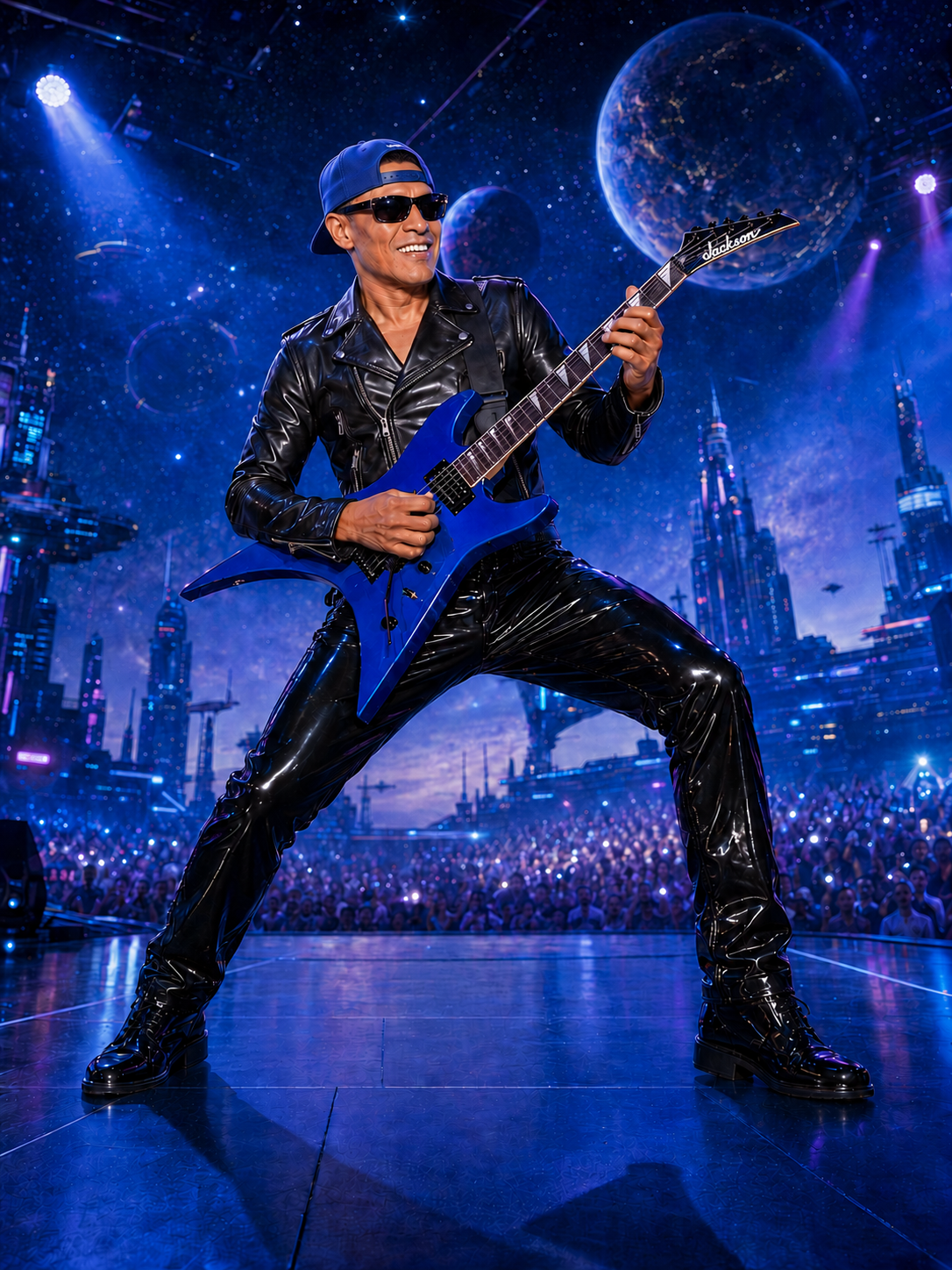 Smiling Universe 51 artist in a backward blue baseball cap and black leather biker jacket playing a blue Jackson guitar in a full-body rock stance